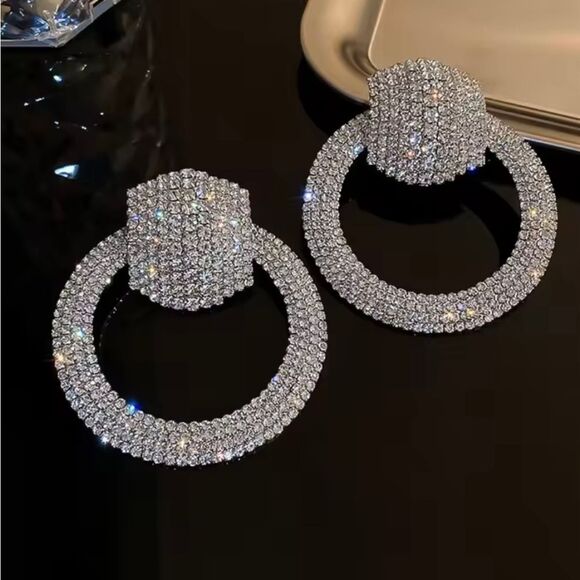 Big Bold Rhinestone Silver Hoop Earrings Circle Pave Crystal Statement Jewelry - Picture 1 of 5